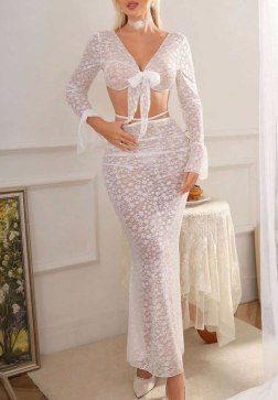 White Lace Two-Piece Lingerie Set with Long Sleeves