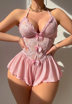 Pink Lace Bodysuit with Ruffle Skirt