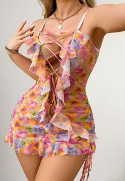 Colorful Floral Ruffle Lingerie Dress with Lace-Up Front