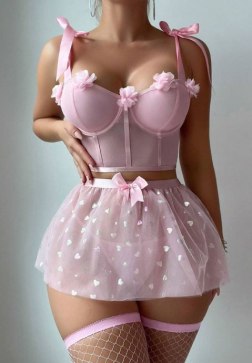 Pink Floral Bustier & Heart Tulle Skirt Set