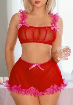 Red Mesh Lingerie Set with Pink Flower Trim