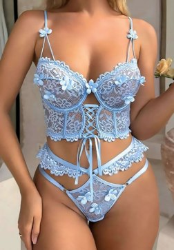 Romantic Blue Lingerie Set with 3D Flower Details