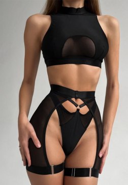Black Mesh Cut-Out Lingerie Set with Garters