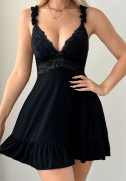 Black Lace Trim Ruffle Hem Lingerie Dress