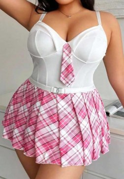 Plus Size Flirty White Corset and Plaid Skirt Babydoll