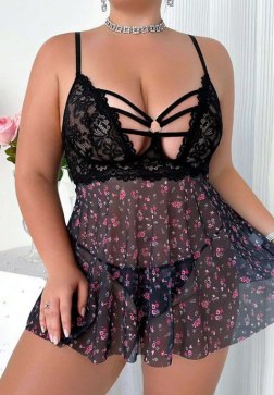 Plus Size Black Lace Babydoll with Floral Mesh Skirt