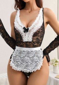 Black and White Lace Teddy with Bow Detail
