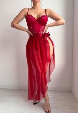 Elegant White Bodysuit with Flowing Overlay Dress