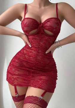 Red Lace Chemises Dress with Garter Straps