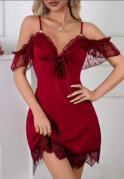 Red Off-Shoulder Lingerie Dress with Ruffle Sleeves