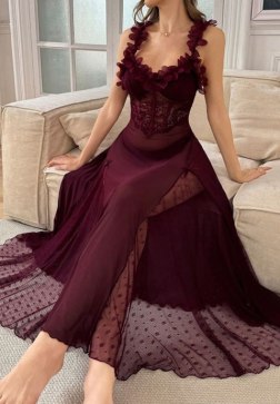 Burgundy Floral Lingerie Dress with Ruffle Neckline