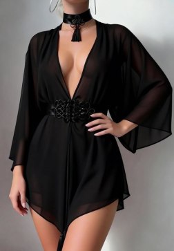 Black Sheer Robe with Deep V-Neck and Tassel Detail