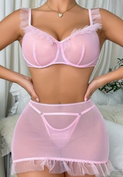 Pink Mesh Bralette with Ruffle Trim and Matching Skirt