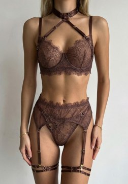 Brown Lace Bra and Garter Set with Harness Straps