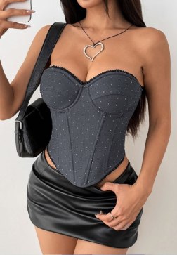 Grey Polka Dot Strapless Corset with Black Lace Trim