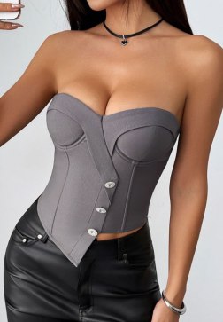 Grey Strapless Corset Top with Crystal Buttons