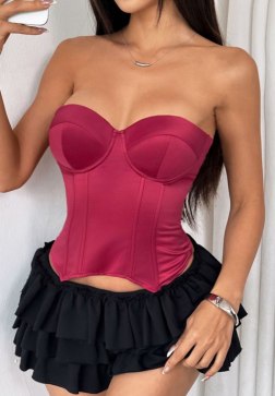 Magenta Strapless Corset Top with Lace-Up Back