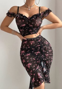 Sheer Floral Two-Piece Set with Ruched Detailing