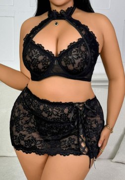 Black Lace Halter Plus Size Lingerie Set with Side Tie Skirt