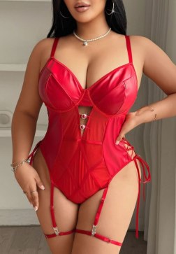Red Faux Leather Plus Size Teddy with Garter Straps & Side Ties