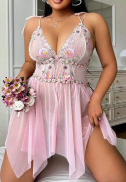 Pink Floral Plus Size Lingerie Nightgown with Tie Straps