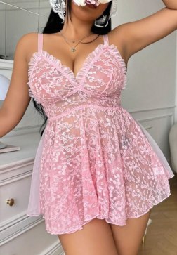 Pink Lace Plus Size Babydoll Lingerie with Ruffle Trim