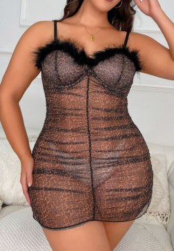 Plus Size Sheer Leopard Print Babydoll Lingerie with Feather Trim