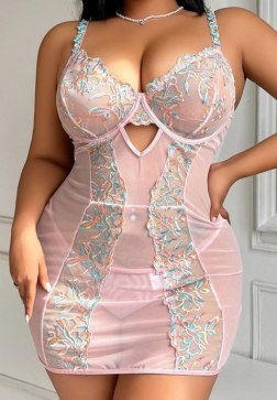 Plus Size Sheer Chemise with Floral Embroidery