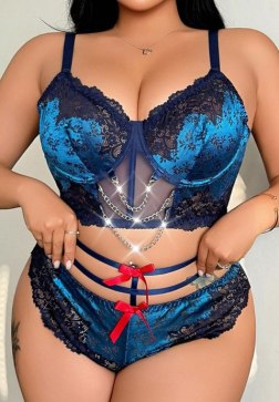 Bold Blue Lace Lingerie Set with Chain & Red Bow Accents