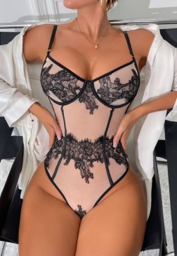 Sheer Mesh Bodysuit with Black Floral Lace Appliqués