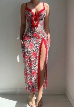 Leopard & Red Floral Print Slip Dress