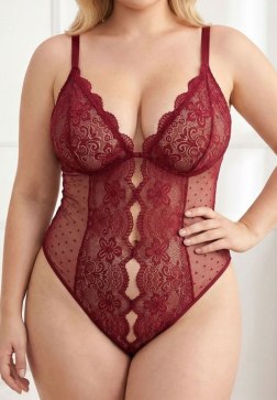 Plus Size Burgundy Lace Bodysuit with Keyhole Cutout
