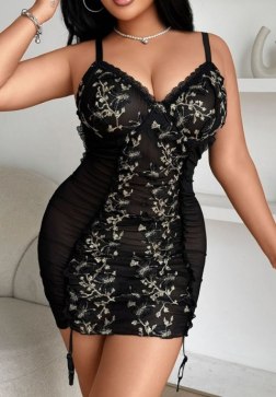 Plus Size Sheer Mesh Chemise with Floral Embroidery and Lace Trim
