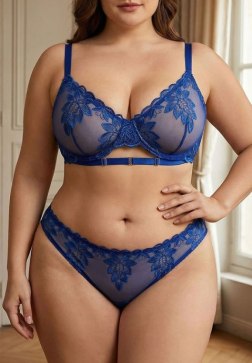 Plus Size Royal Blue Sheer Lace Lingerie Set
