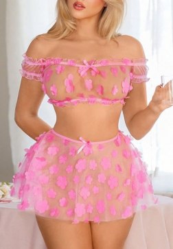 Pink Floral Mesh Lingerie Set