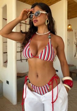 Red Striped Halter Bikini Set with Beaded Ties