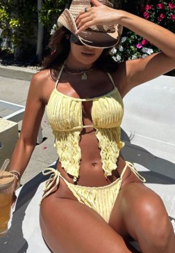 Women's Yellow Crinkle Halter Bikini Set