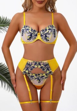 Yellow Floral Embroidered Lingerie Set with Garter