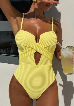 Yellow Ribbed One-Piece Swimsuit with Crisscross Cutout