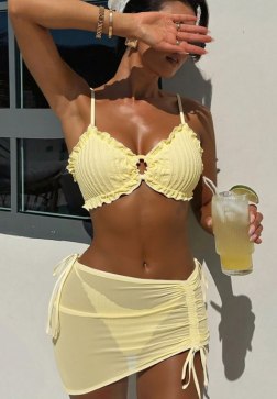 Yellow Ruffled Bikini Set with Sheer Skirt Cover-Up