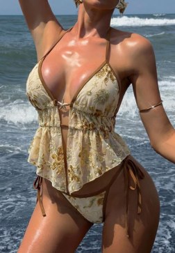 Vintage Style Floral Print Bikini with Ruffle Top