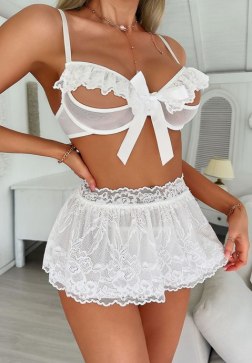 White Lace Bow Lingerie Set with Babydoll Skirt