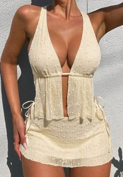 Cream Textured Deep V-Neck Swimwear with Side Ties