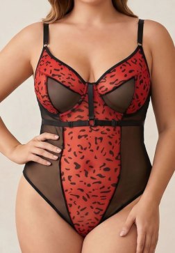 Plus Size Red Leopard Print Sheer Mesh Teddy