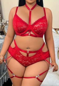 Plus Size Red Lace Lingerie Set with Garter Belt and Choker