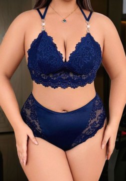 Plus Size Navy Blue Lace Lingerie Set with Jewel Straps and Sheer Back Briefs