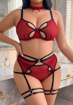 Plus Size Red Sheer Lingerie Set with Black Strappy Cage Details and Garters
