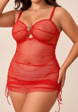 Plus Size Red Sheer Mesh Chemise with Heart Cutout and Side Ruching