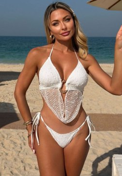 White Crochet Bikini Set with Gold Ring Detail