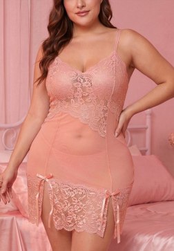 Plus Size Pink Lace Chemise with Scalloped Hem and Side Slits